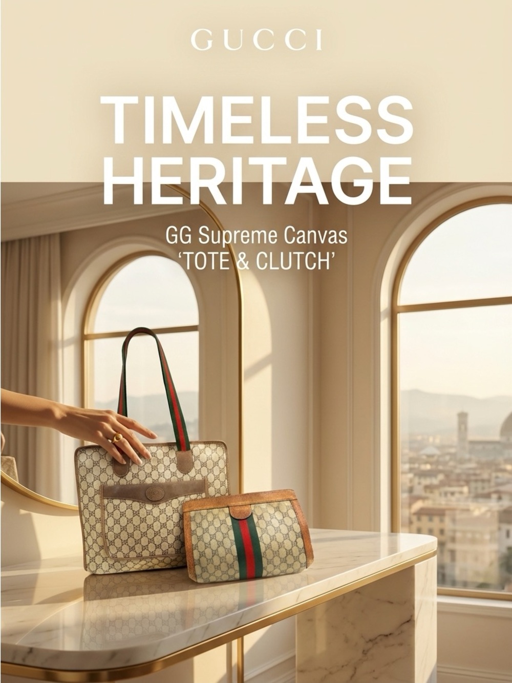 Gucci Brown GG Supreme Canvas Web Tote Bag and Clutch